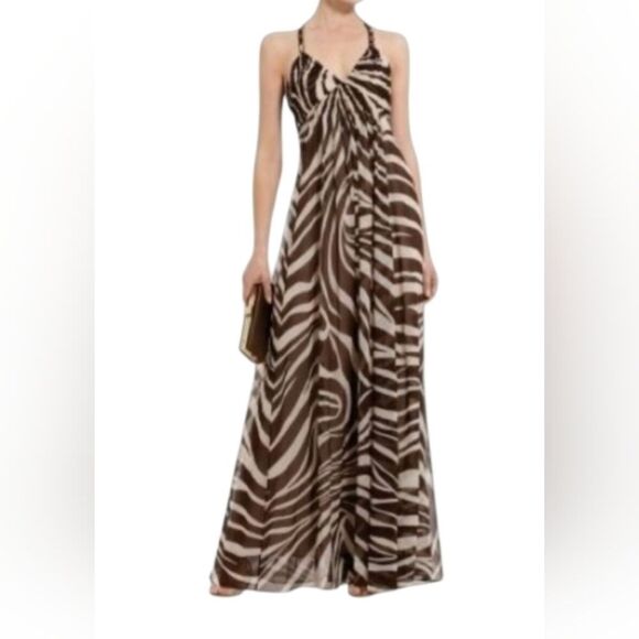 NWT BCBG MaxAzria 100% Silk Womens Maxi Dress Halter Animal Print  Size 4 Y2K - Picture 1 of 13